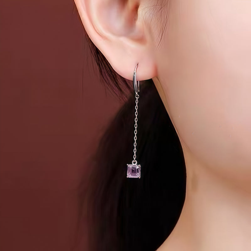 Long Chain Square Amethyst Earrings - Calm Mind, Spiritual Light
