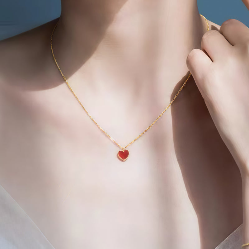 Rose Gold Heart-Shaped Red Agate Double-Sided Necklace