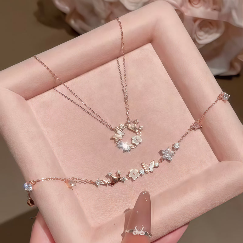 Rose Gold Crown Butterfly Necklace/Bracelet Jewelry Set - Joy and Good Fortune