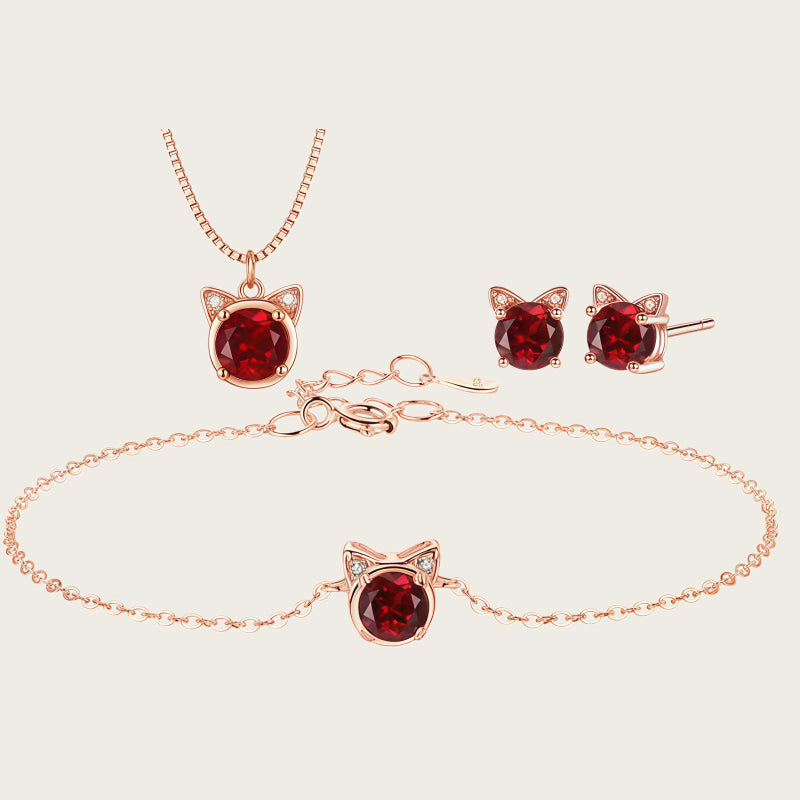 Delicate Rose Gold Cat‑Head Red Stone Complete Jewelry Set - Protection