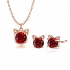 Delicate Rose Gold Cat‑Head Red Stone Complete Jewelry Set - Protection