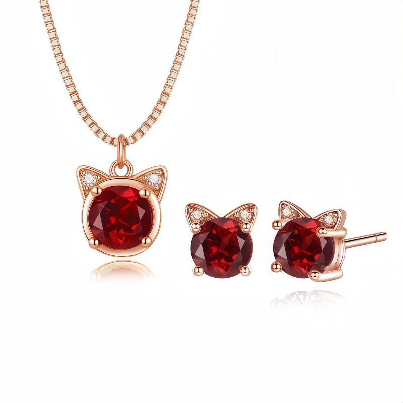 Delicate Rose Gold Cat‑Head Red Stone Complete Jewelry Set - Protection