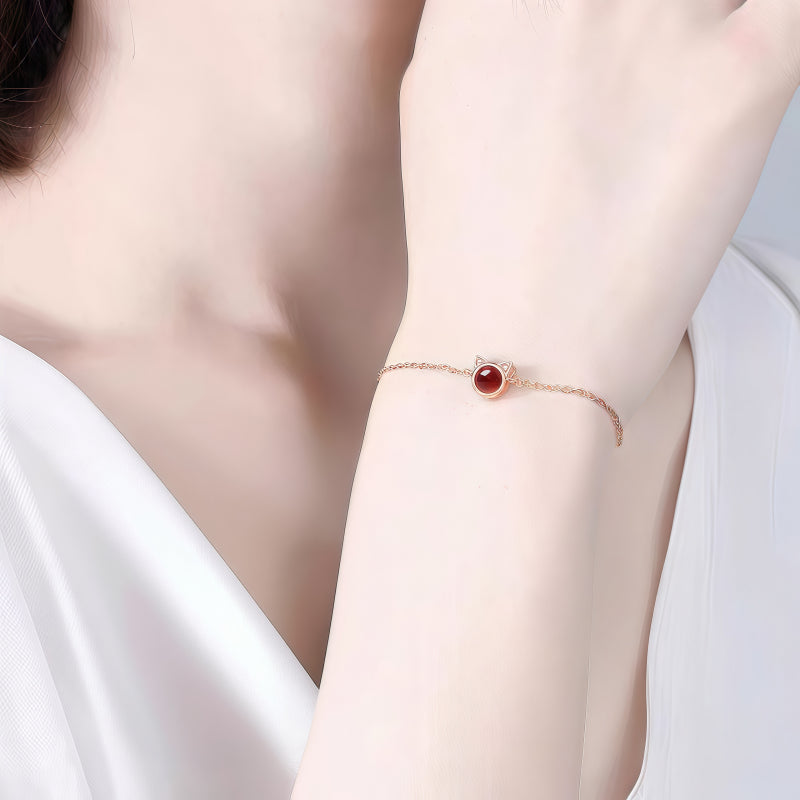 Delicate Rose Gold Cat‑Head Red Stone Complete Jewelry Set - Protection