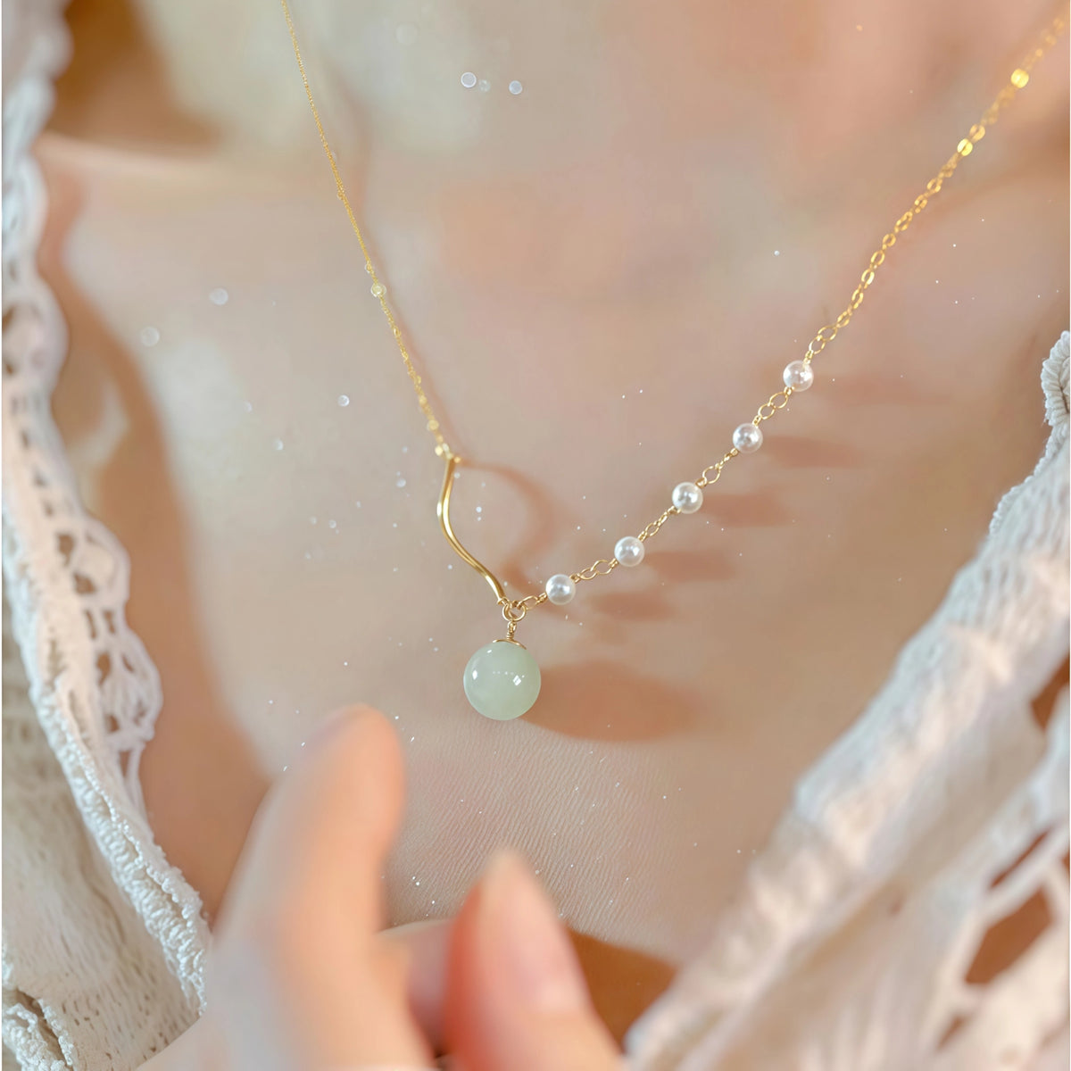 Asymmetrical Chain Hetian Jade and Pearl Necklace - Perfection & Serenity