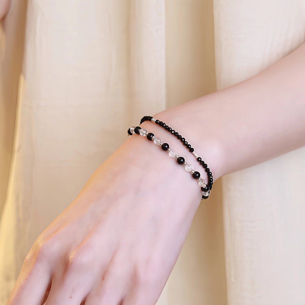 Obsidian, Black Onyx & Clear Quartz Stackable Bracelet - Protection & Balance