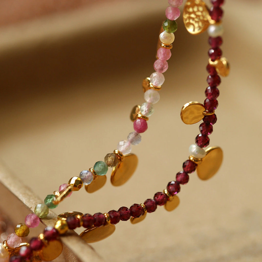 Hand‑Hammered Gold Coin Natural Stone Beaded Stack Bracelet - Healing, Inner Power
