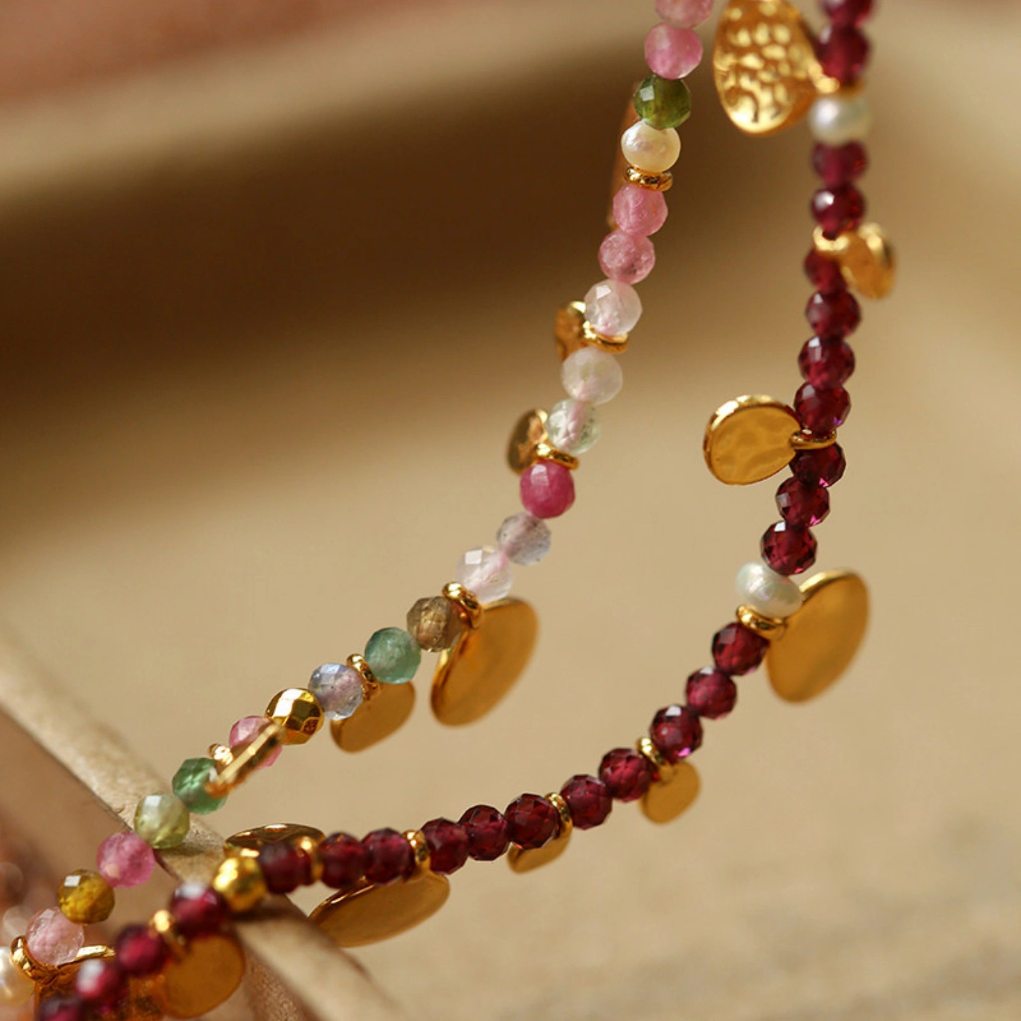 Hand‑Hammered Gold Coin Natural Stone Beaded Stack Bracelet - Healing, Inner Power