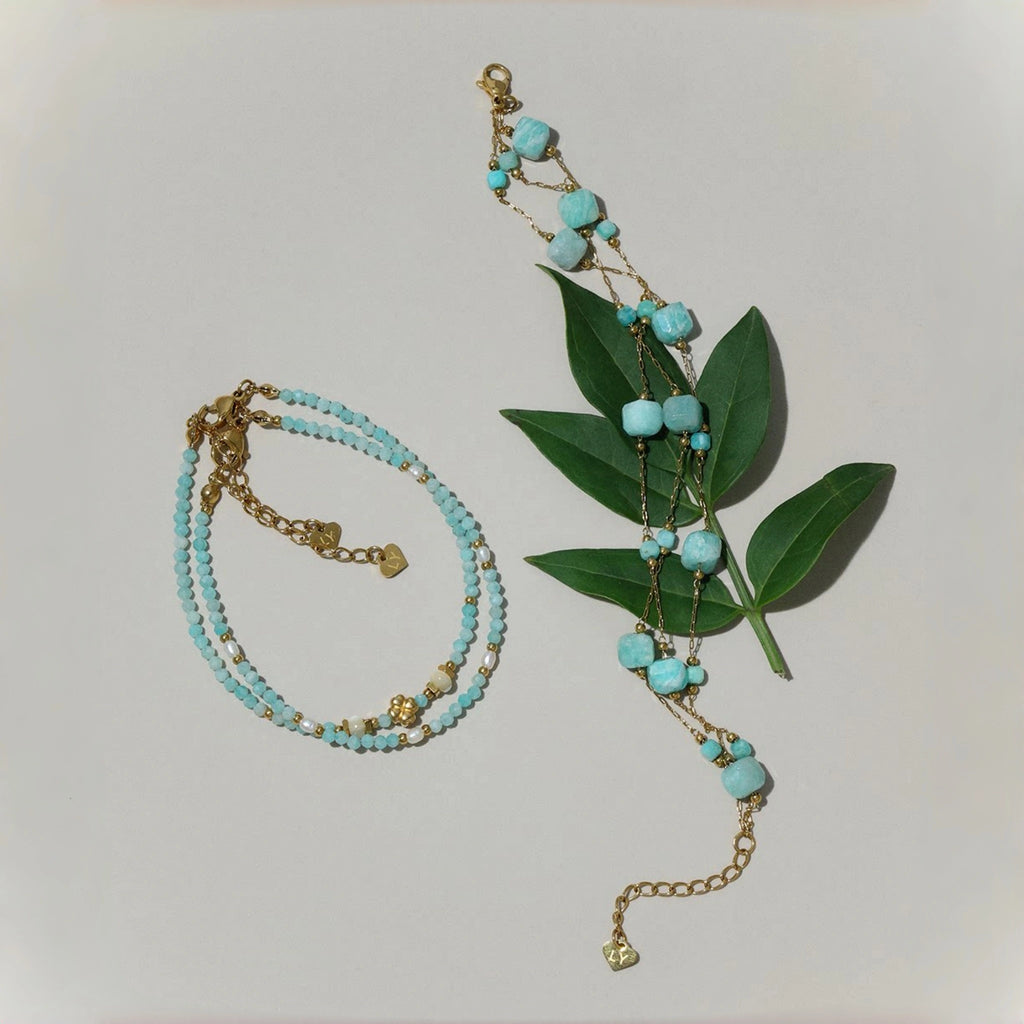 Ice-blue Amazonite Square-cut Facets Stackable Bracelet - Enhance Energy and Balance Spirit