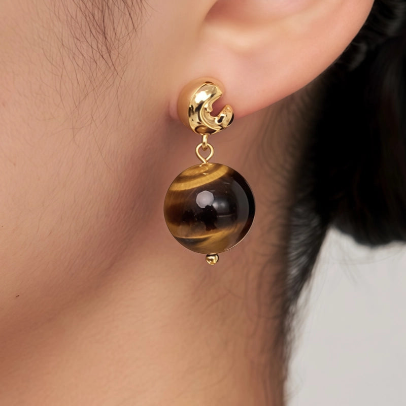 Natural Tiger Eye Stone Earrings- Symbolizing Auspiciousness and Wealth