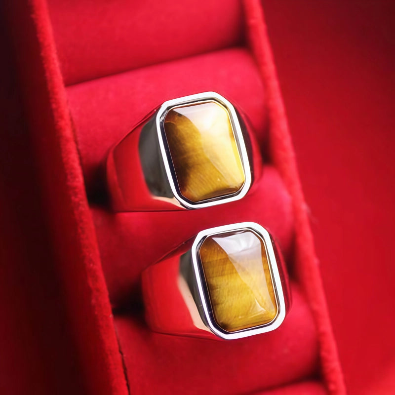 Natural Tiger Eye Stone Ring, Retro Men's Gemstone Ring