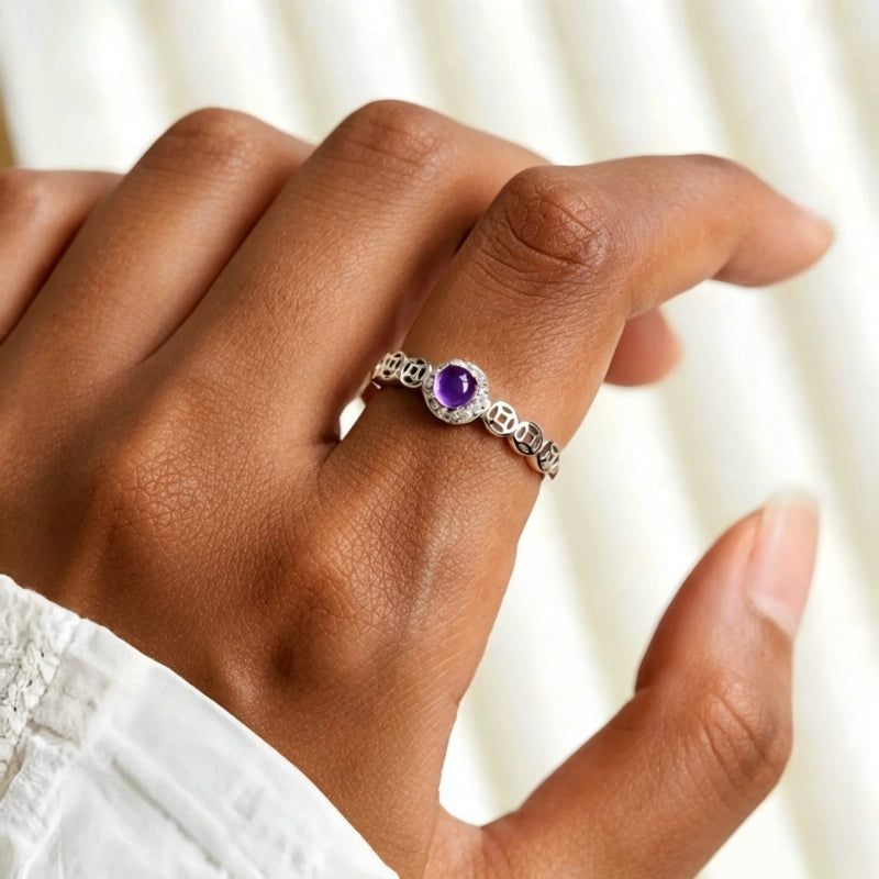 Bague porte-bonheur pièce de monnaie mystère améthyste naturelle