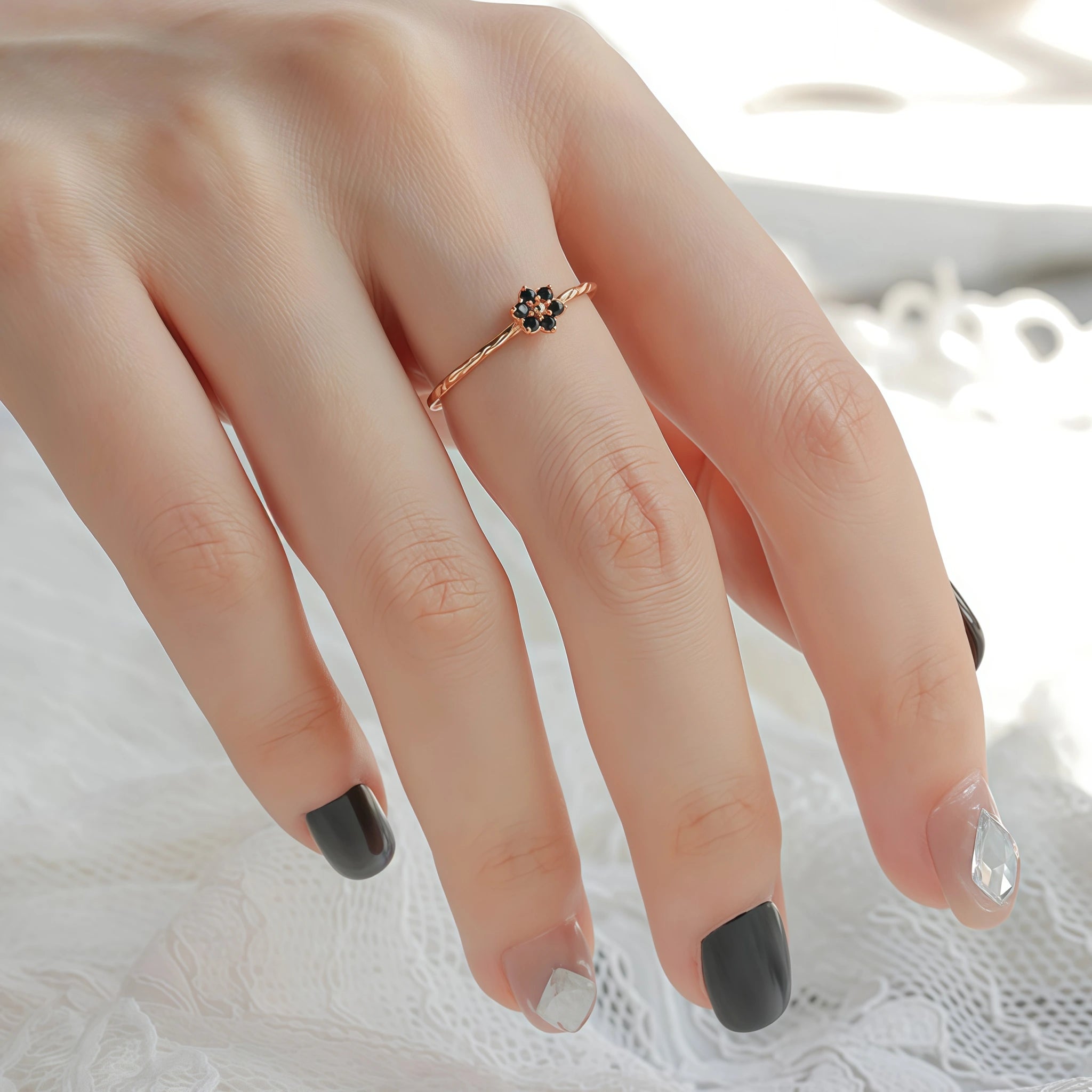 Four‑Petal Flower Black Gemstone Jewelry Set - Serenity And Fortitude