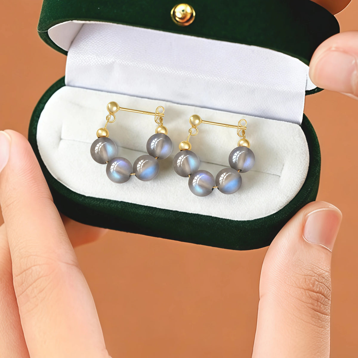 Natural Grey Moonstone Beaded Hoop Earrings - Calm & Intuition
