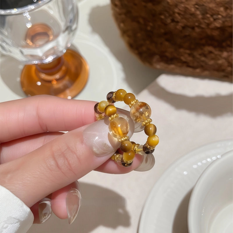 Natural Tiger Eye Stone Ring for Wealth Transfer and Crystal Bead Ring
