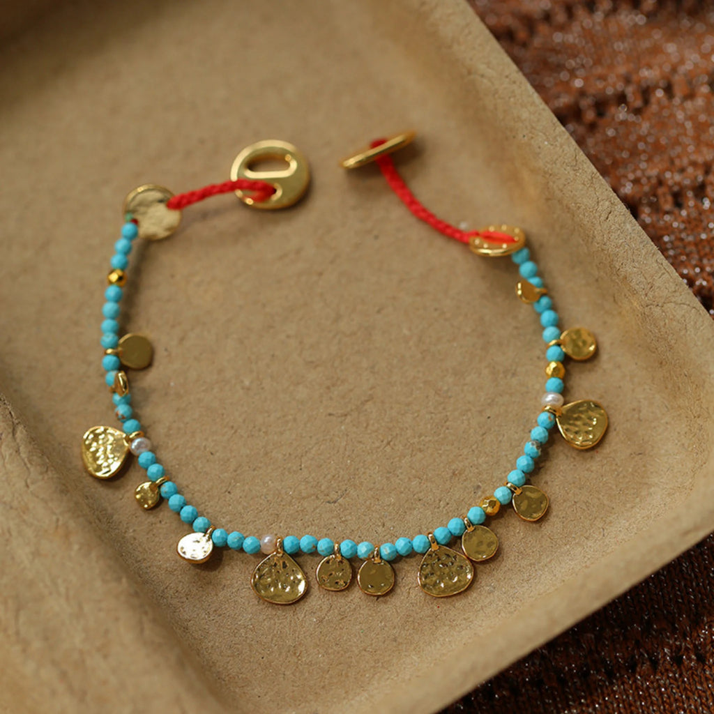 Hand‑Hammered Gold Coin Natural Stone Beaded Stack Bracelet - Healing, Inner Power