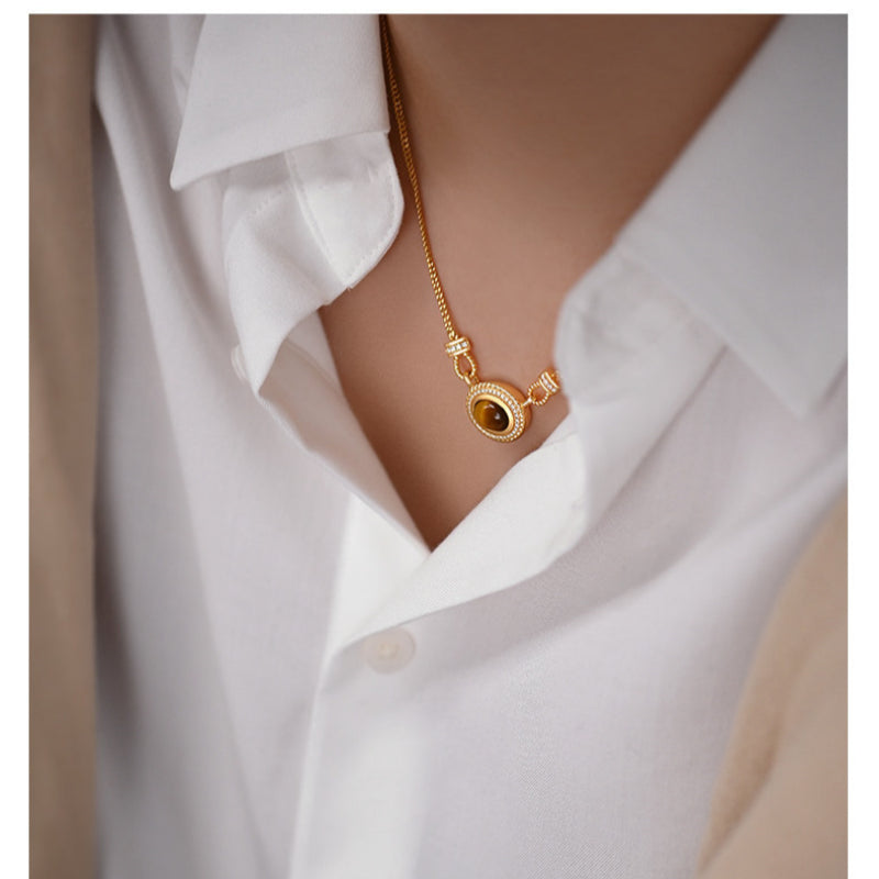 Natural Tiger Eye Stone Necklace — Vintage Roman Texture Button Clasp