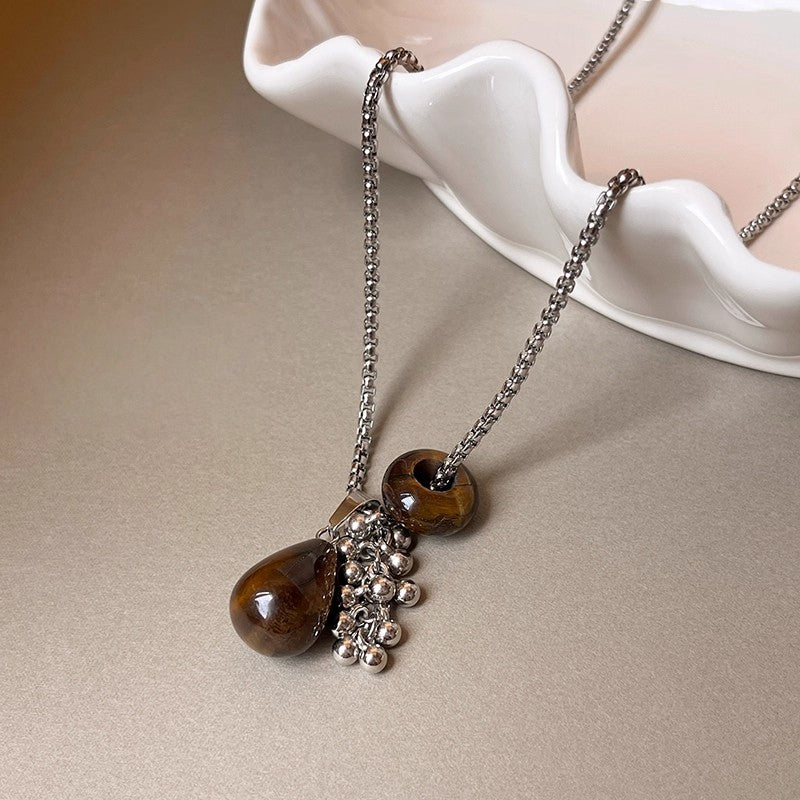Natural Tiger Eye Stone Necklace — Teardrop Sweater Chain
