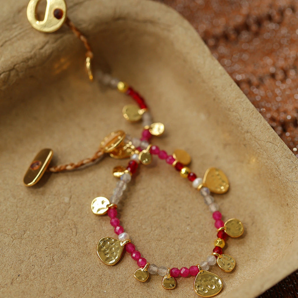 Hand‑Hammered Gold Coin Natural Stone Beaded Stack Bracelet - Healing, Inner Power