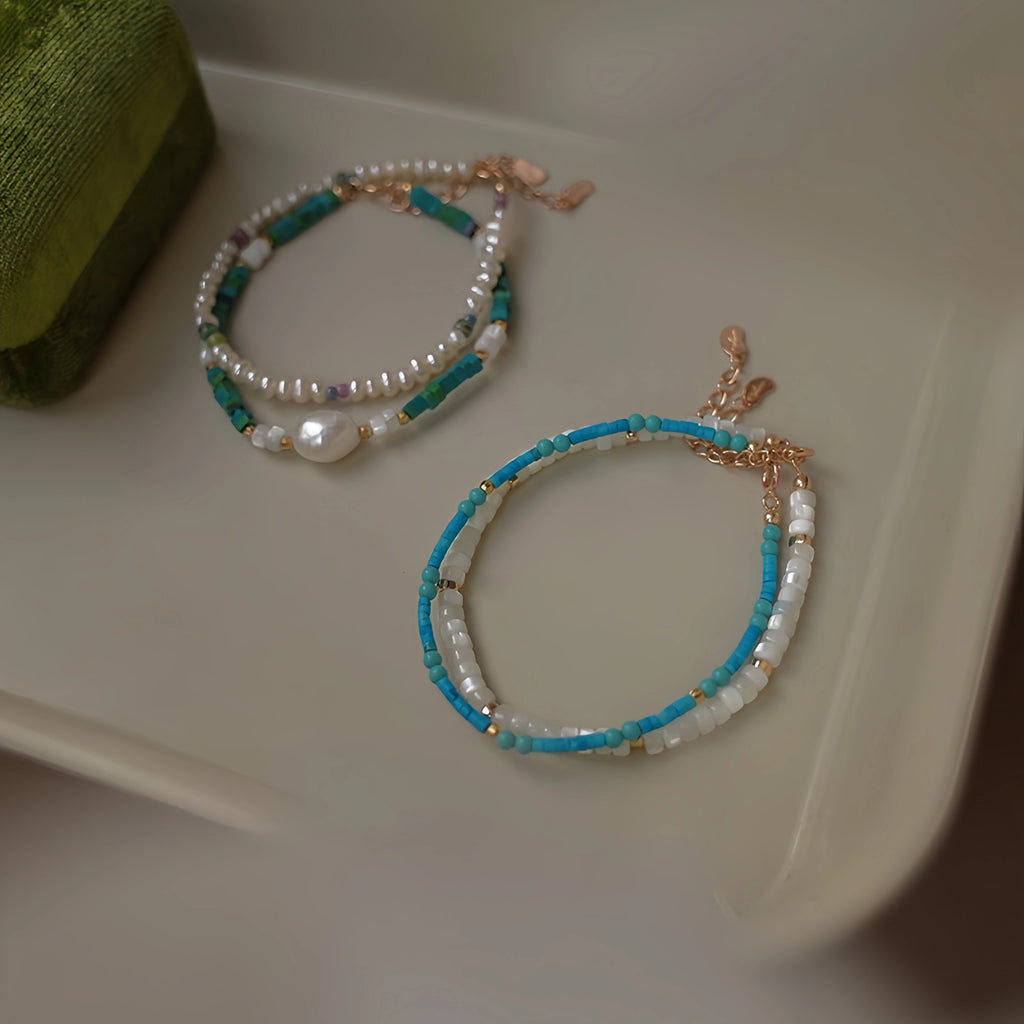 Turquoise, Pearl & Shell Stackable Bracelet - Embrace Natural Serenity