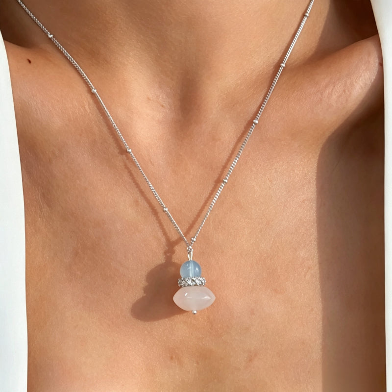 Natural Aquamarine & Agate Necklace - Balances Water Element, Improves Communication, Calms Mood