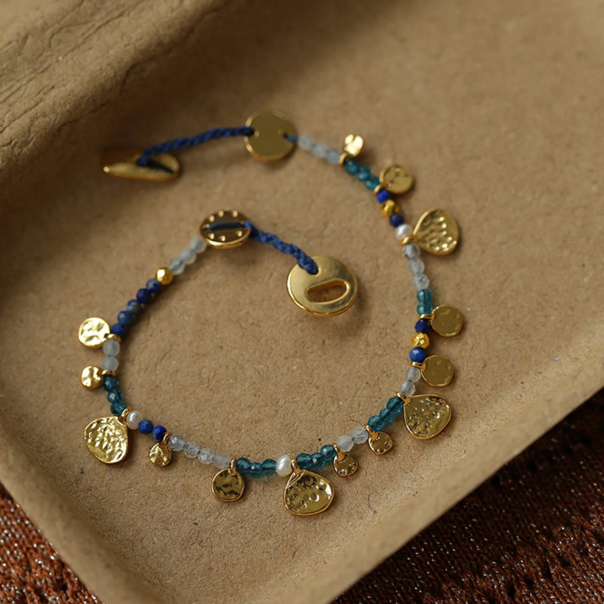Hand‑Hammered Gold Coin Natural Stone Beaded Stack Bracelet - Healing, Inner Power