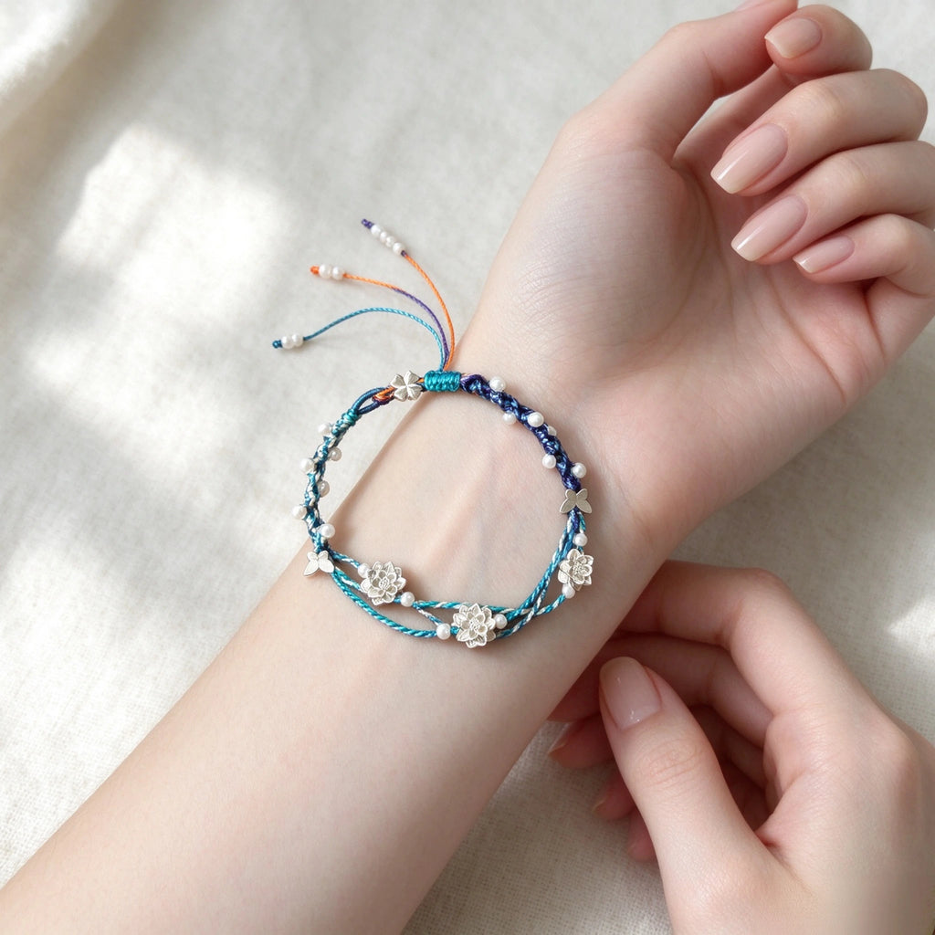 S999 Fine Silver Lotus Hand Braided Blue & Green Bracelet - Peace & Purification Energy
