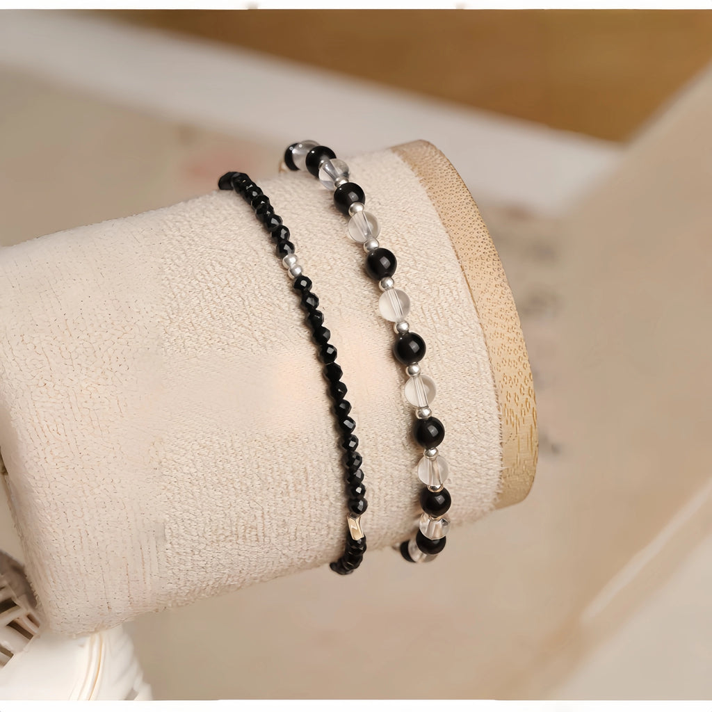 Obsidian, Black Onyx & Clear Quartz Stackable Bracelet - Protection & Balance