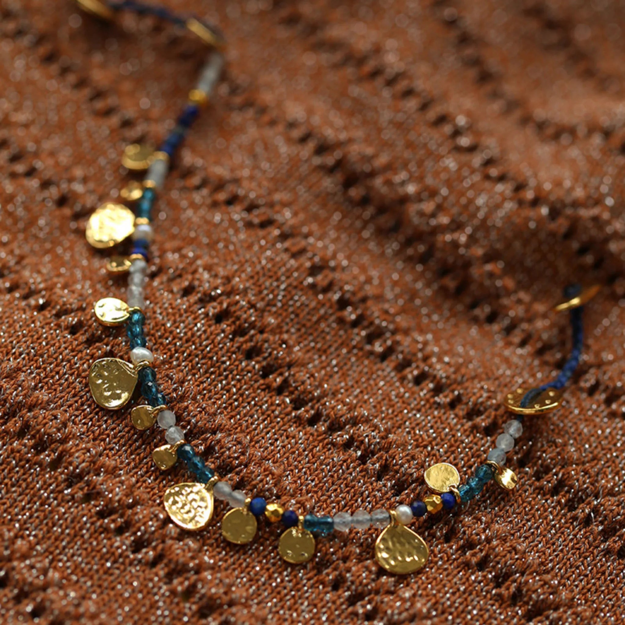 Hand‑Hammered Gold Coin Natural Stone Beaded Stack Bracelet - Healing, Inner Power