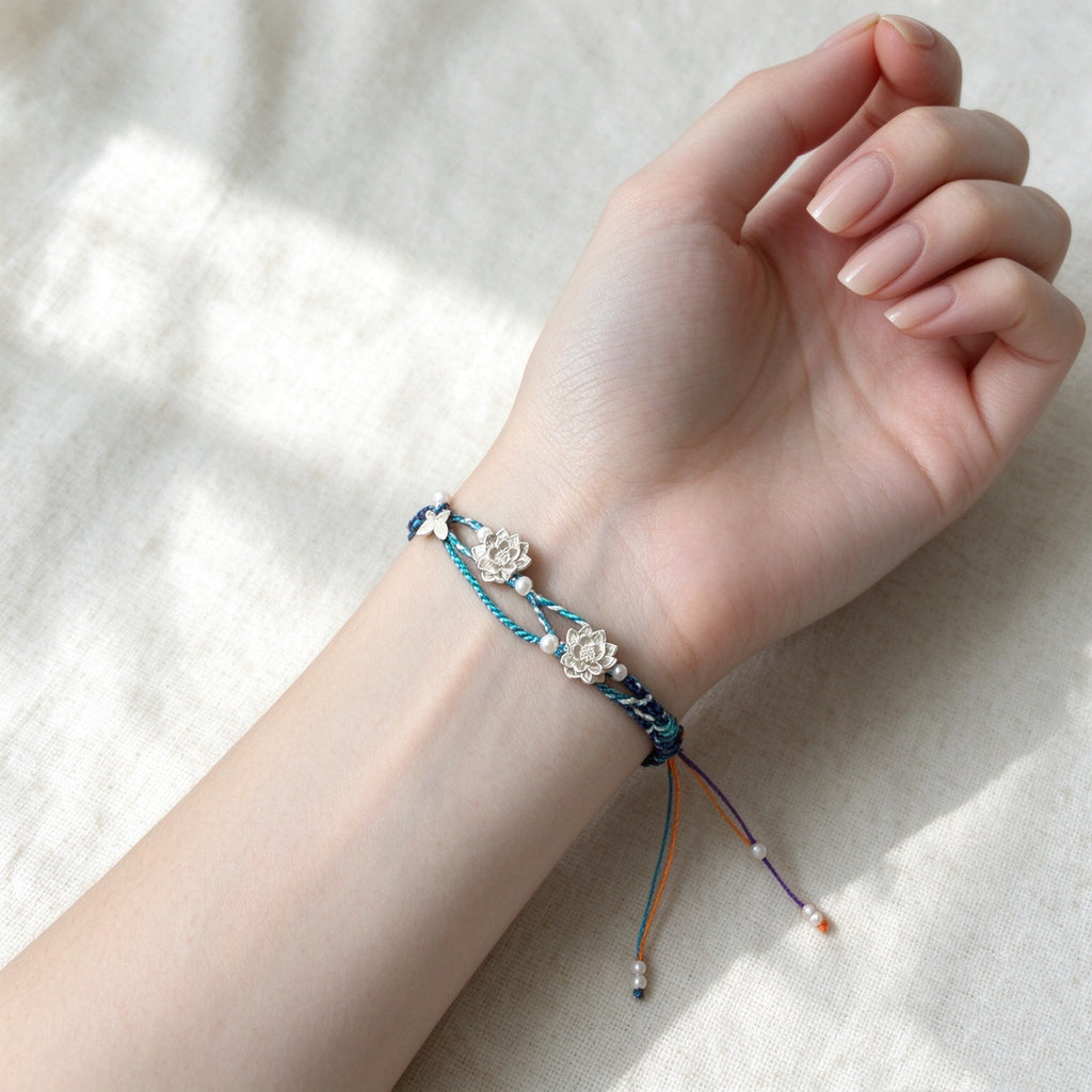 S999 Fine Silver Lotus Hand Braided Blue & Green Bracelet - Peace & Purification Energy