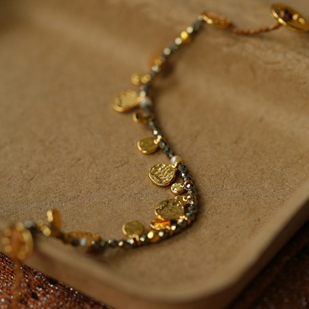 Hand‑Hammered Gold Coin Natural Stone Beaded Stack Bracelet - Healing, Inner Power