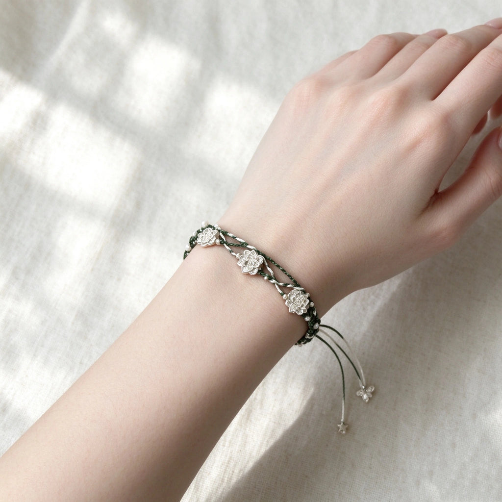 S999 Fine Silver Lotus Hand Braided Blue & Green Bracelet - Peace & Purification Energy