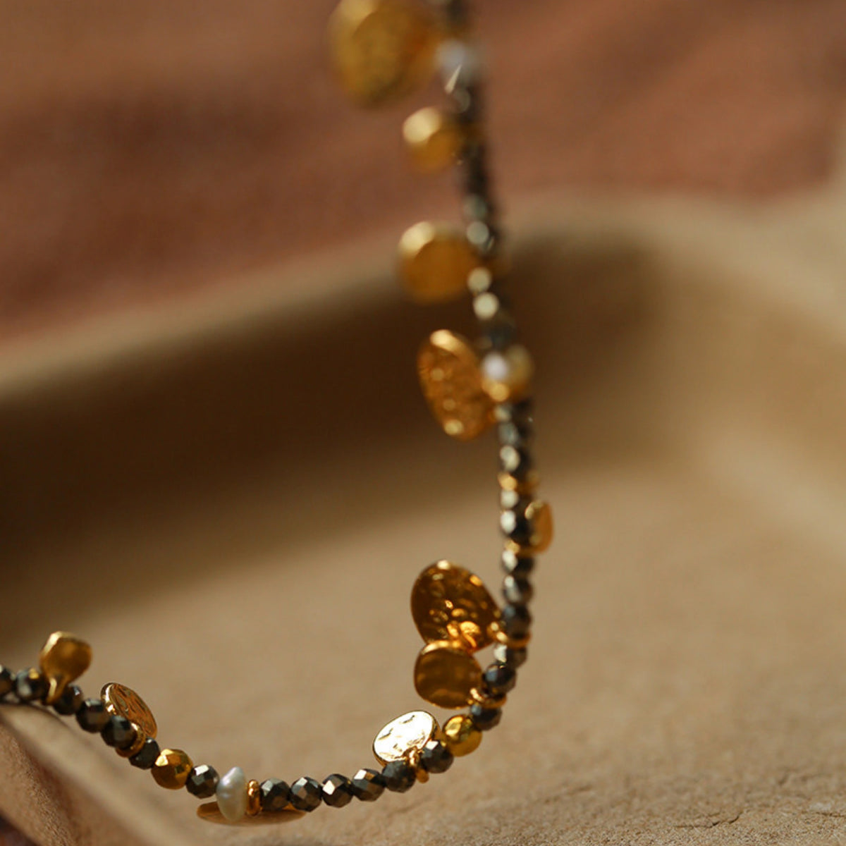 Hand‑Hammered Gold Coin Natural Stone Beaded Stack Bracelet - Healing, Inner Power
