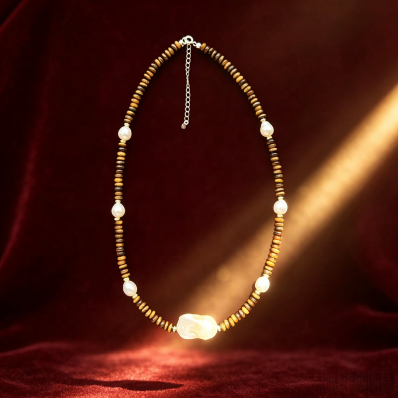 Irregular Baroque Pearl Natural Tiger Eye Stone Necklace — Gift for Mom