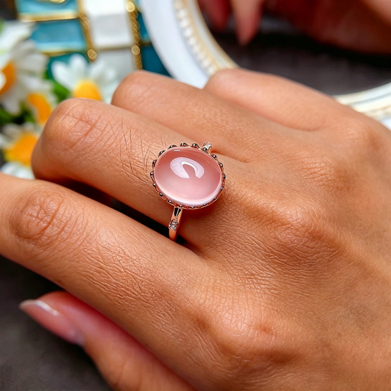 Oval Rose Quartz Crown Ring - Raise Your Love Vibration
