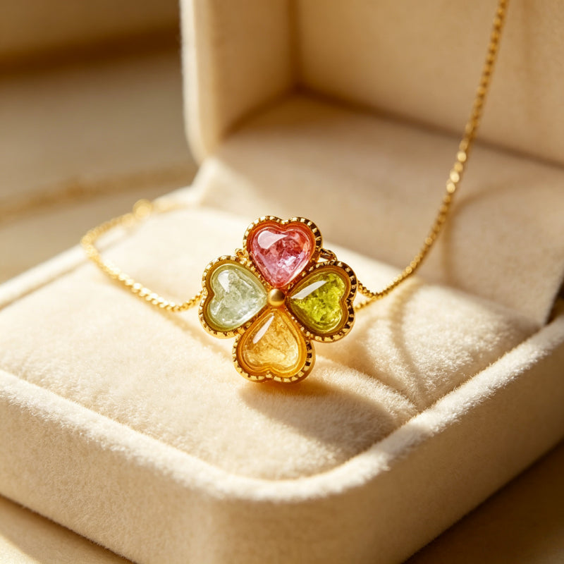 Collier trèfle à quatre feuilles et tourmaline multicolore – Cadeau d'anniversaire et de remise de diplôme pour meilleure amie