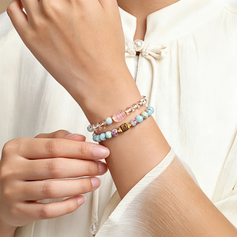Bracelet triple tour en cristal de rose naturelle