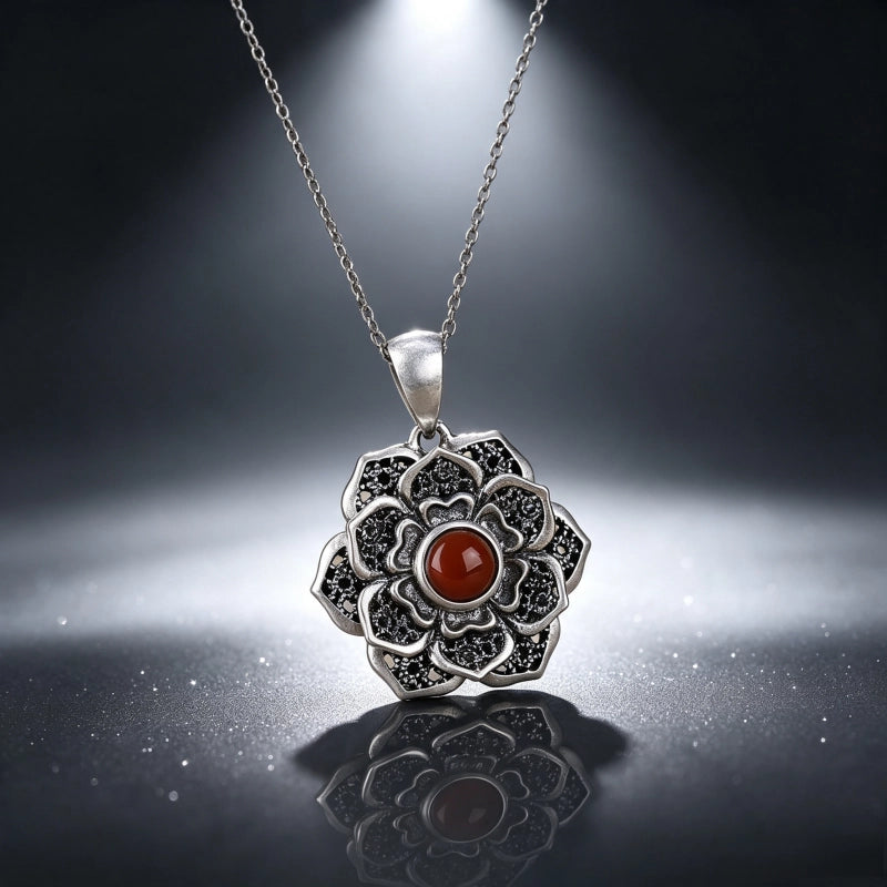 Lotus with Red Agate S925 Necklace - Clear All Negative Energy