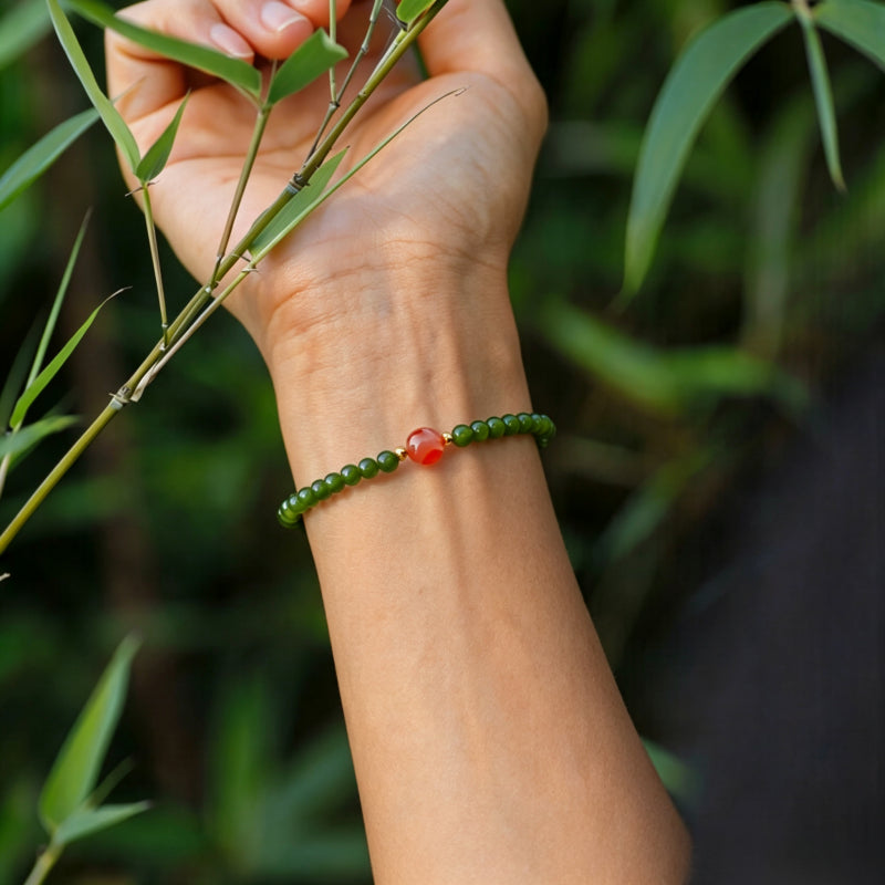 Hetian Green Jade & Ice Floating Southern Red Agate Bracelet – Soothes Emotions