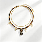 Natural Tiger Eye Stone Necklace — Double-Layer Ancient Egyptian Bastet Cat Goddess Protection