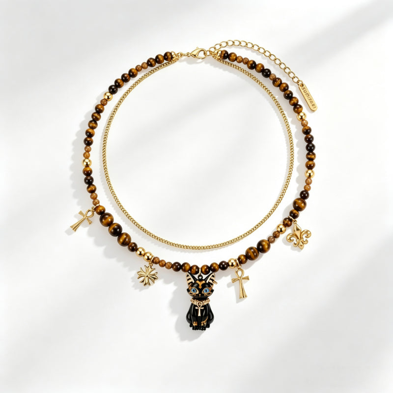 Natural Tiger Eye Stone Necklace — Double-Layer Ancient Egyptian Bastet Cat Goddess Protection