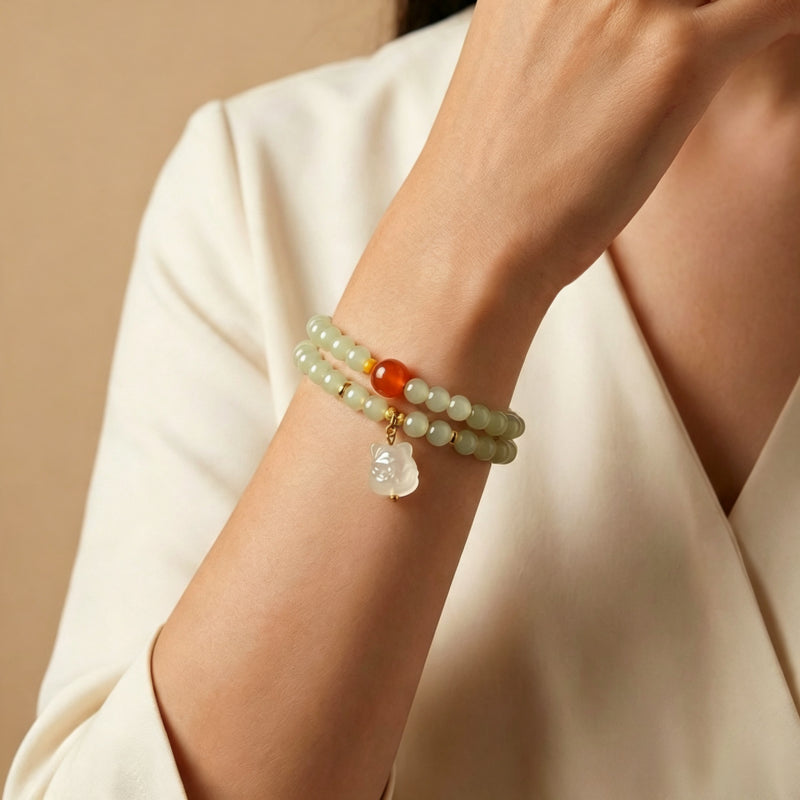 Spirit Fox Hetian Jade Bracelet - Protective Aura of Serenity and Good Fortune