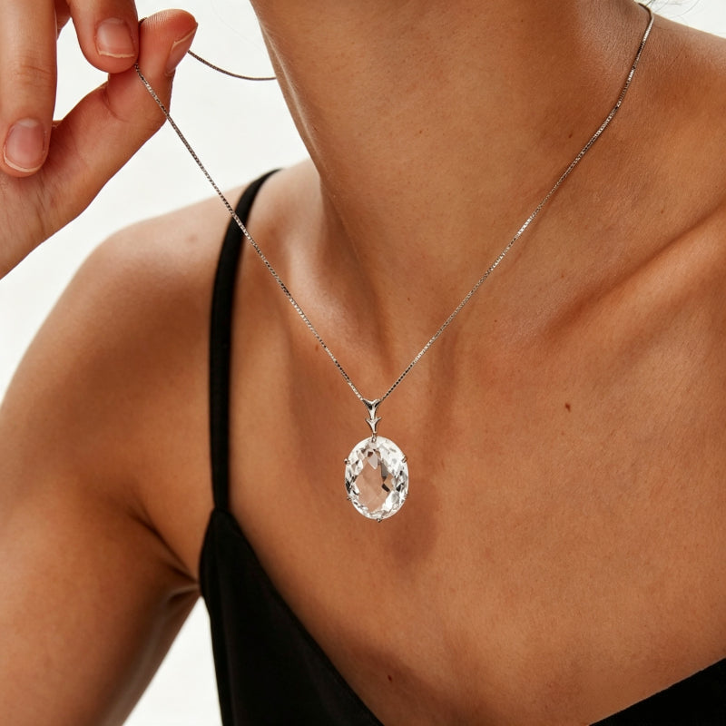 Silver Oval Clear Quartz Necklace - Enhance Focus