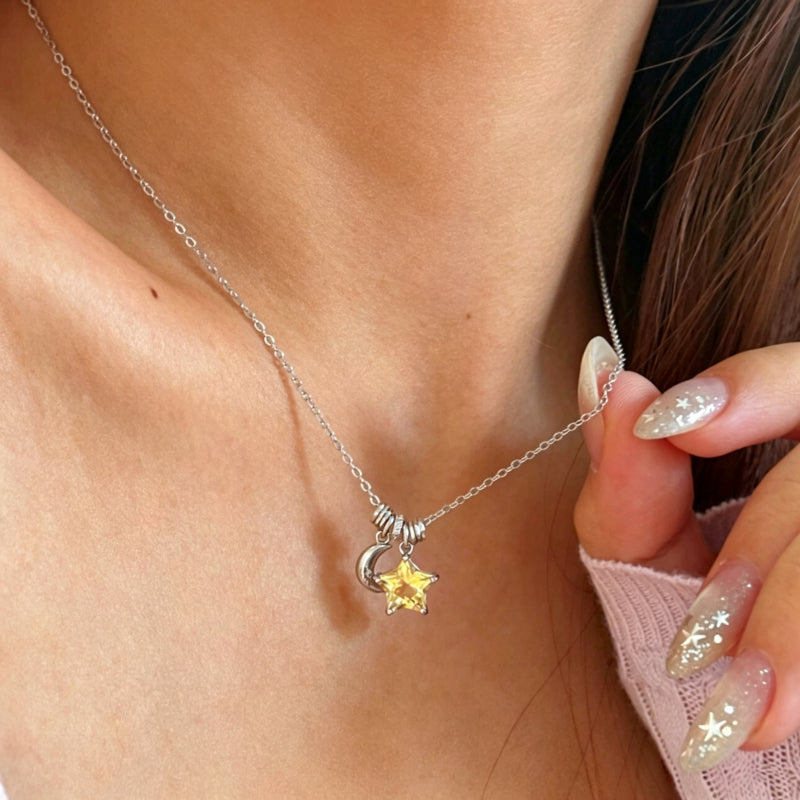 Moon&Star Natural Citrine/Clear Quartz Necklace - Attracts Wealth, Purifies Aura