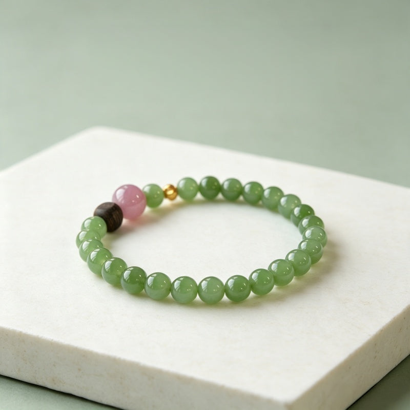 Natural Hetian Jade Bracelet - Pure Love Energy Rose Quartz Detail