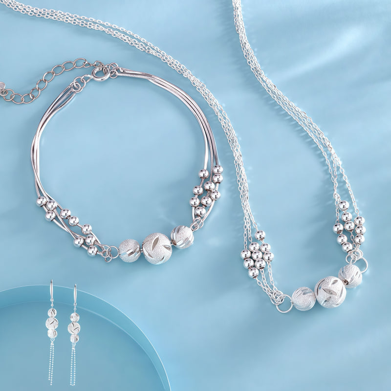 Ornate Carved S999 Ball Necklace/Bracelet/Earrings Jewelry Set, Gift for Friends