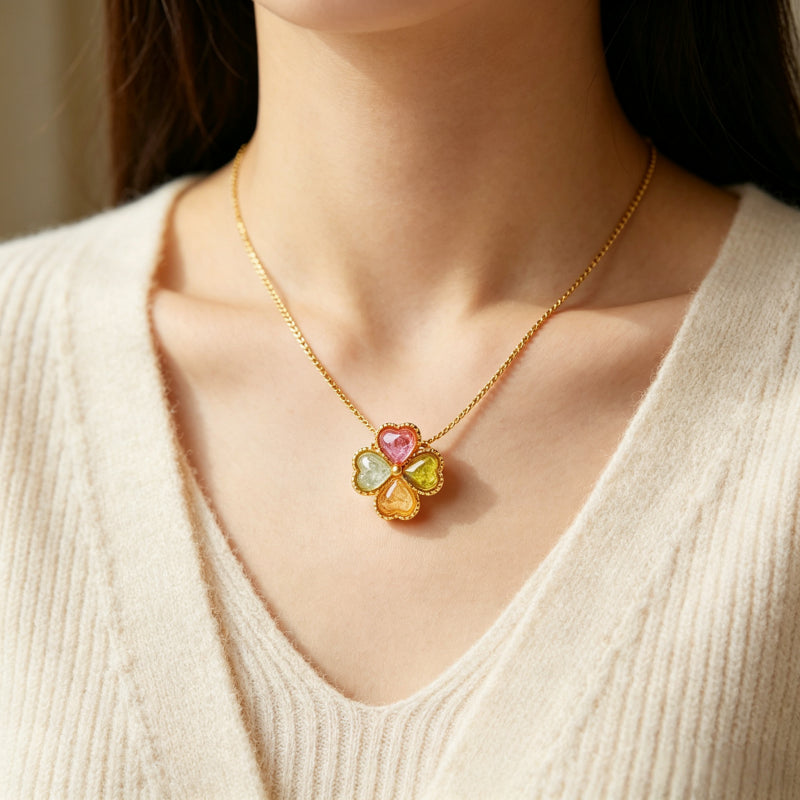 Collier trèfle à quatre feuilles et tourmaline multicolore – Cadeau d'anniversaire et de remise de diplôme pour meilleure amie