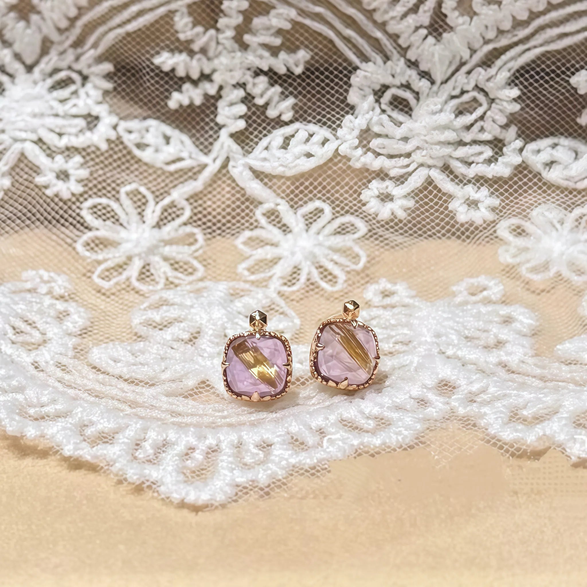 Faceted Square Rutilated Quartz & Amethyst Rose Gold Gift Box Set - Strengthen Personal Aura