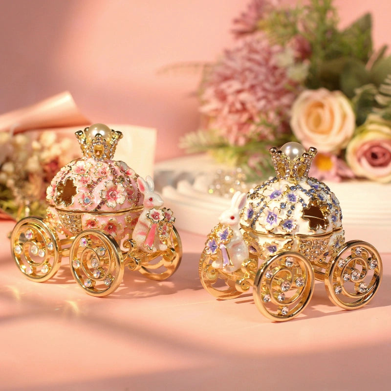 Dainty Princess Cherry Blossom Trinket Box | Enamel Bunny Carriage