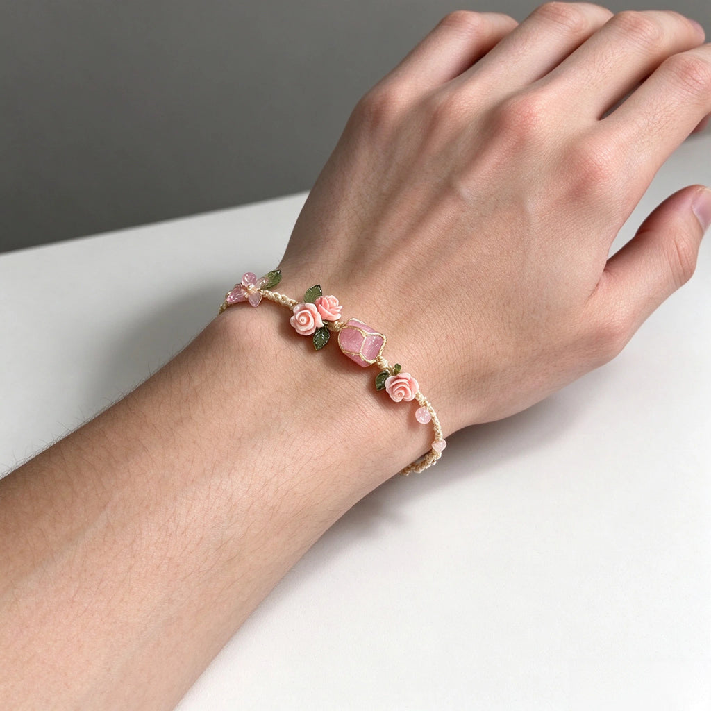 Sweet Wreath Rose Handwoven Rose Quartz Macrame Bracelet - Love & Self-care Energy Healing