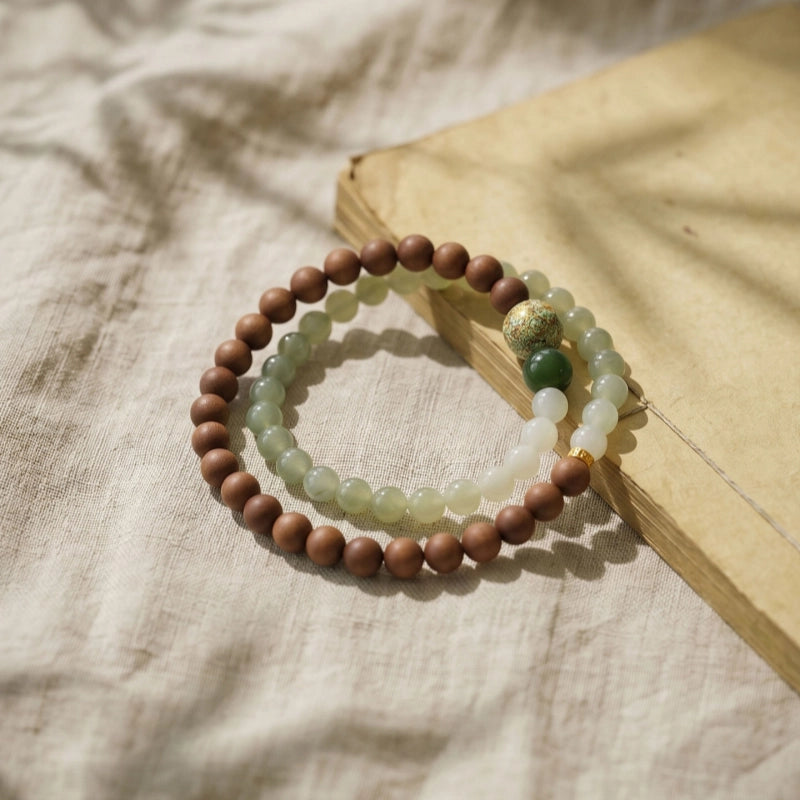 Natural Hetian Jade & Sandalwood Bracelet– Ground Spirit, Purify Aura, Attract Peace